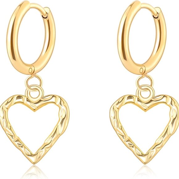 Jewelry - 14K Gold Small Heart Huggie Hoop Earrings for Women, Stainless Steel Dangle Jewe
